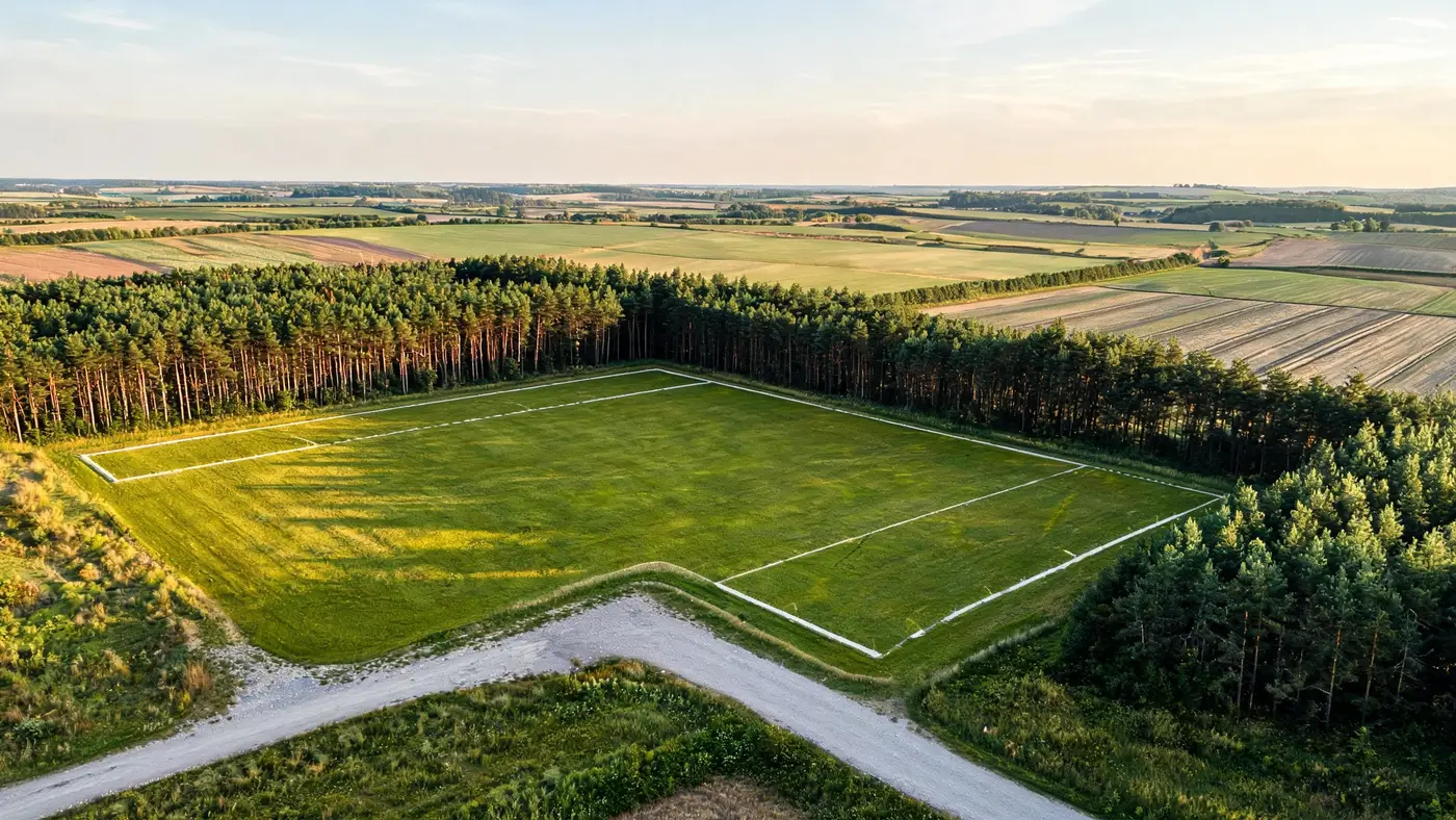 Działka budowlana z drona z widocznymi granicami, dojazdem i sąsiednimi zabudowaniami