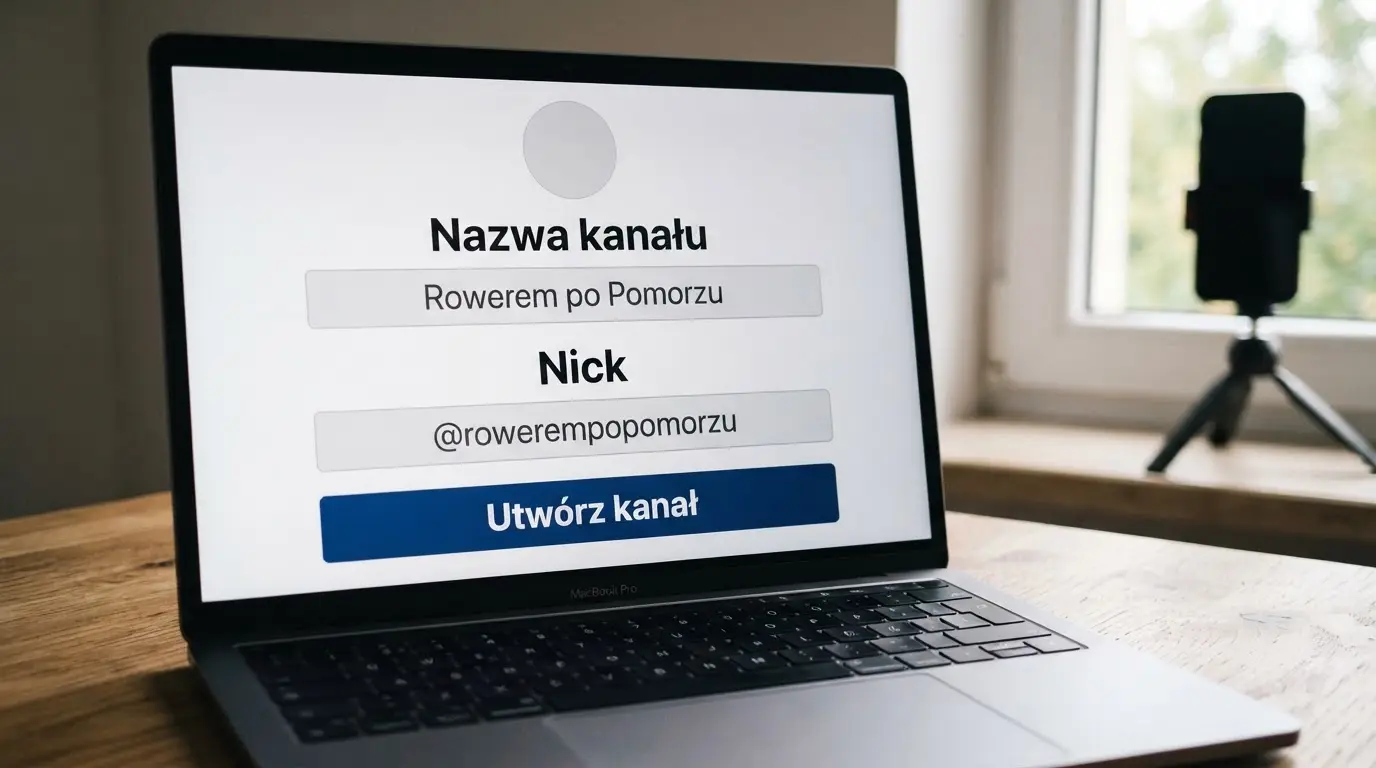 Laptop z formularzem zakładania kanału: pola „Nazwa kanału” i „Nick” oraz przycisk „Utwórz kanał”, w tle telefon na statywie