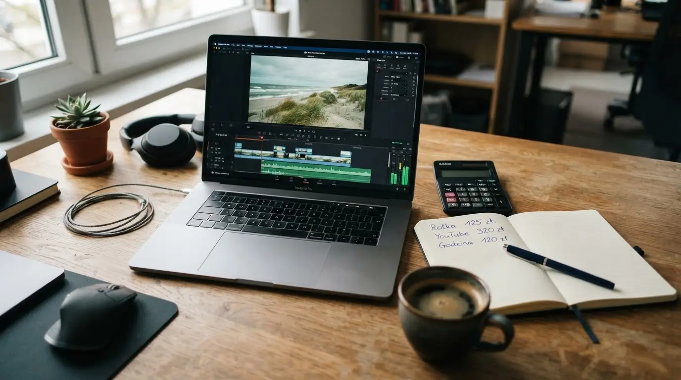 Biurko montażysty: laptop z osią czasu filmu, obok kalkulator i notes z wyceną montażu