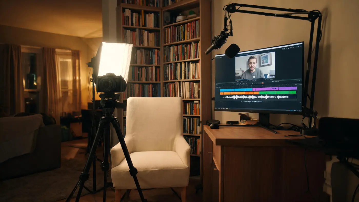 Domowe studio twórcy: kamera na statywie, mikrofon i monitor z osią czasu odcinka podzieloną na rozdziały