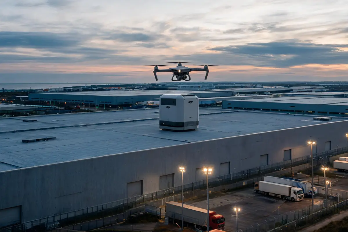 Stacja dokująca drona na dachu hali magazynowej o zmierzchu, dron startuje do patrolu