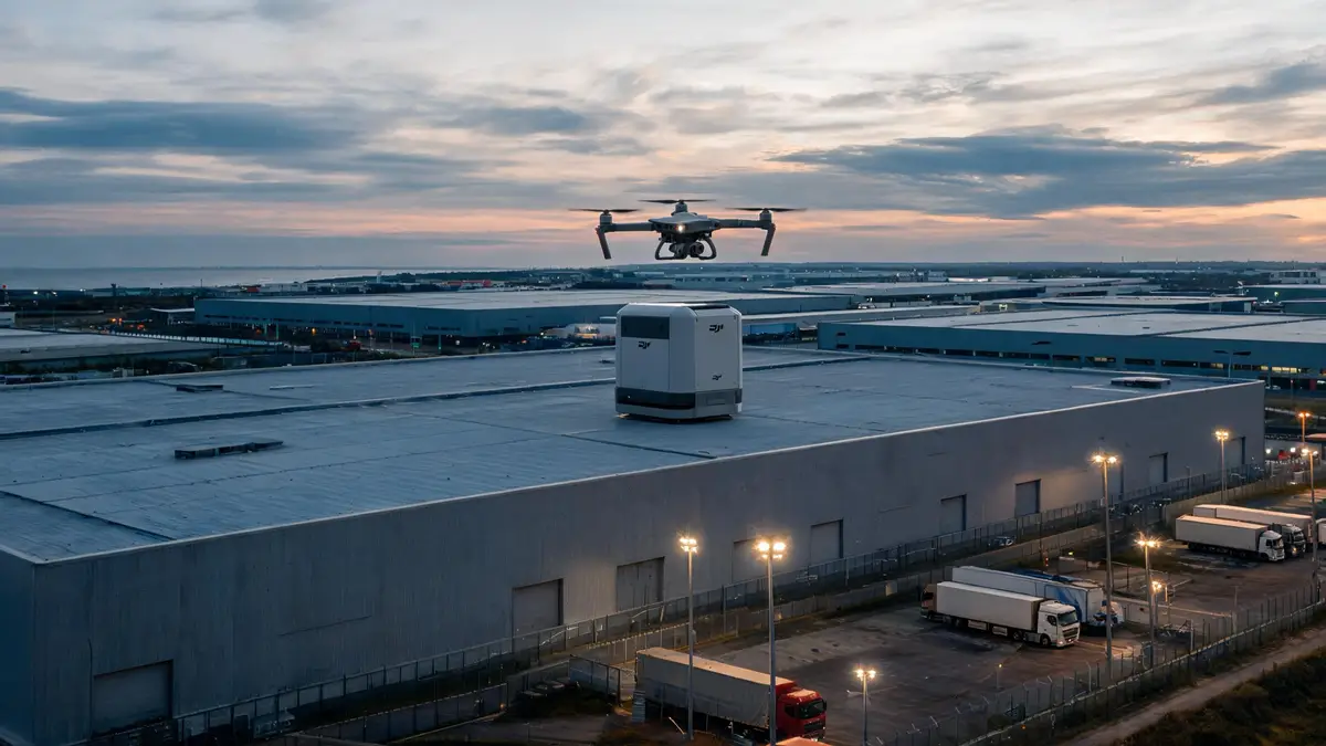 Stacja dokująca drona na dachu hali magazynowej o zmierzchu, dron startuje do patrolu
