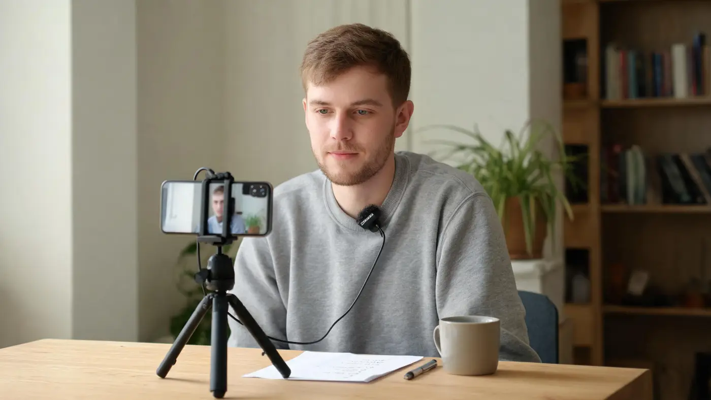 Początkujący twórca nagrywa film telefonem na statywie przy oknie, z mikrofonem krawatowym i kartką z planem odcinka